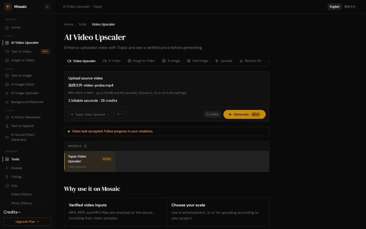 Smaltino upscaler showing a 28-credit quote for a 4x task