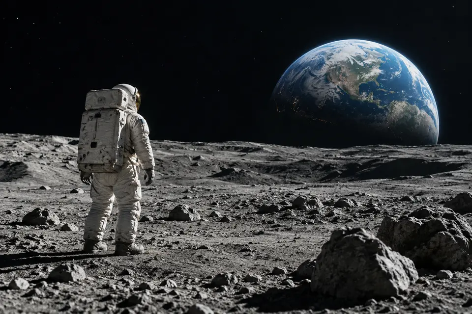 An astronaut on the lunar surface with Earth on the horizon
