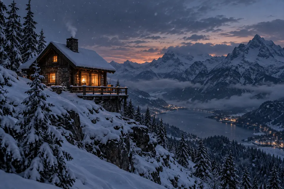A wooden cabin glowing on a snowy ridge at blue hour
