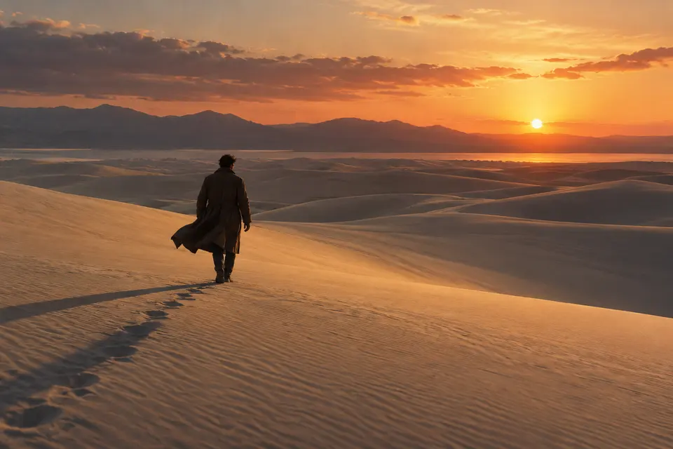 A lone traveler crossing pale sand dunes at sunset