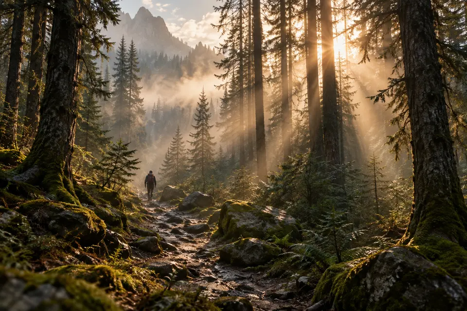 Sunbeams through a misty pine forest with a small figure on the path