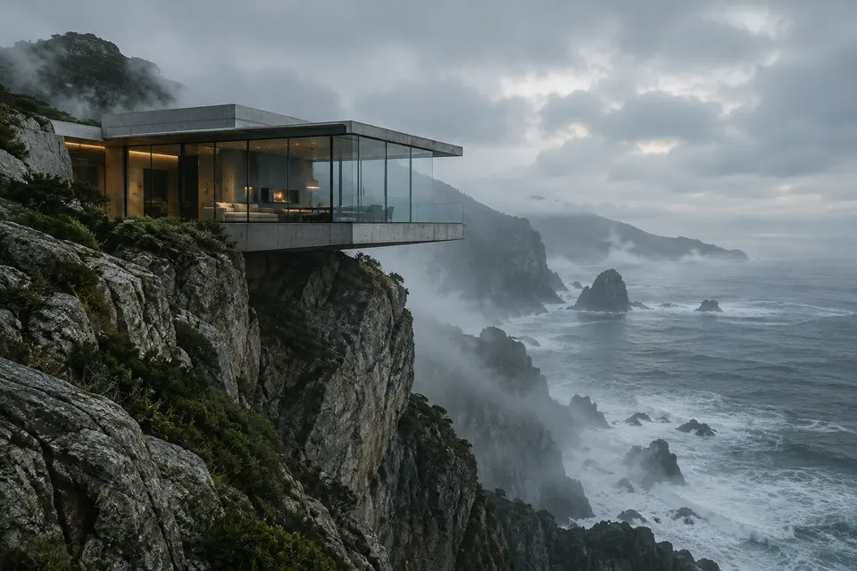 A concrete and glass house cantilevered over a misty sea