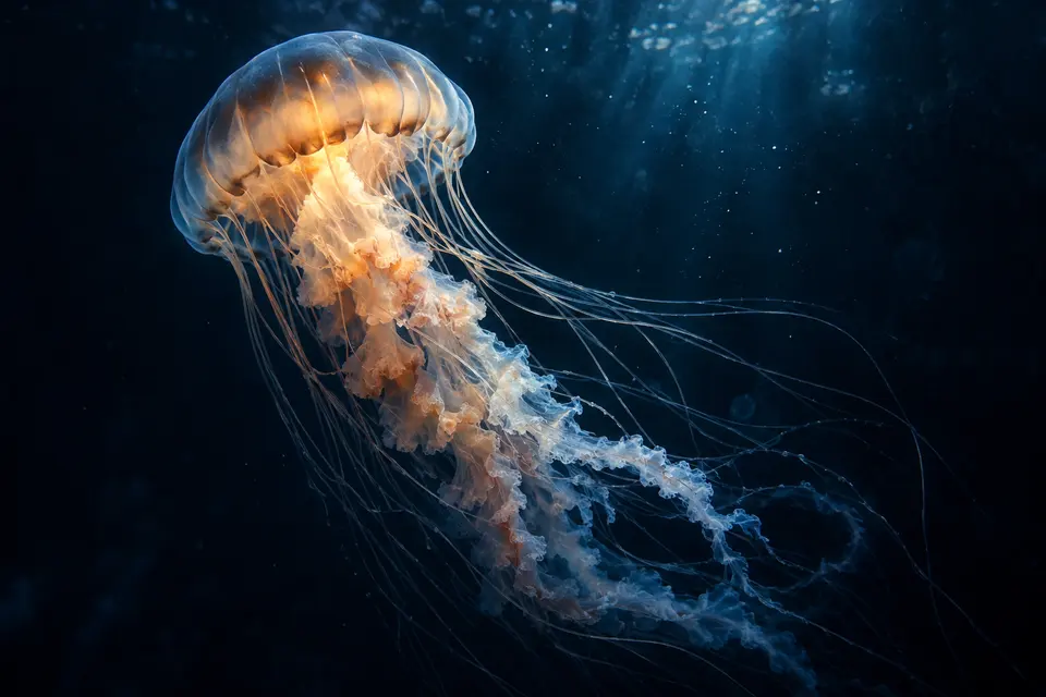 A glowing jellyfish drifting in deep blue water