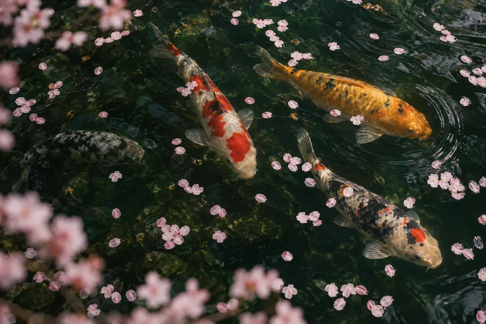 Koi fish in a dark pond with floating cherry blossom petals