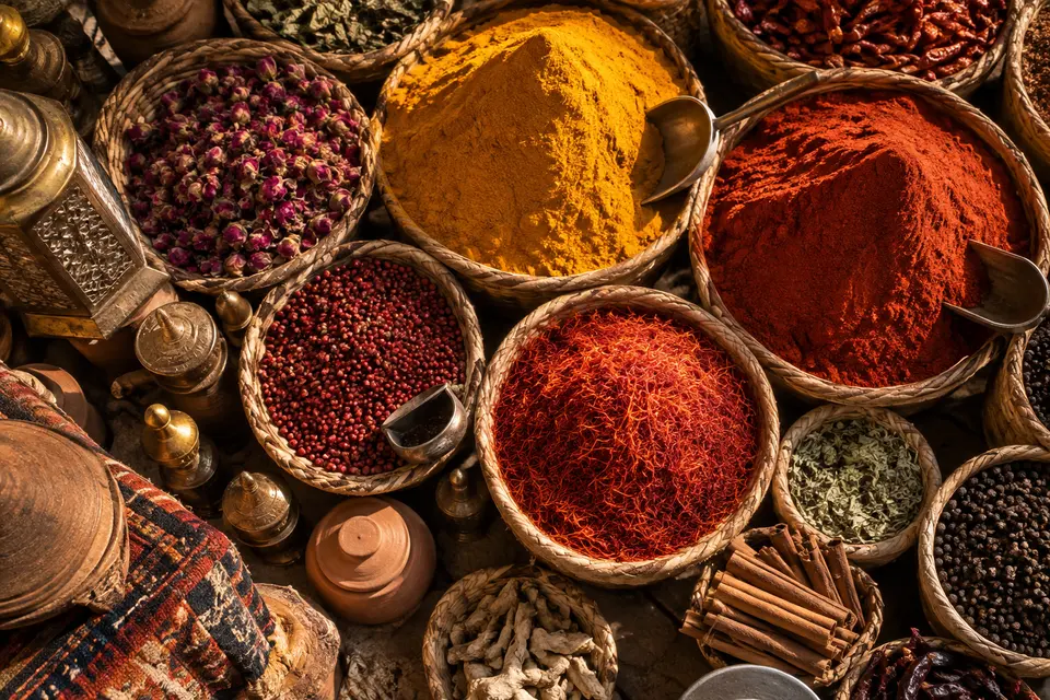 Overhead view of colorful spice baskets in a market
