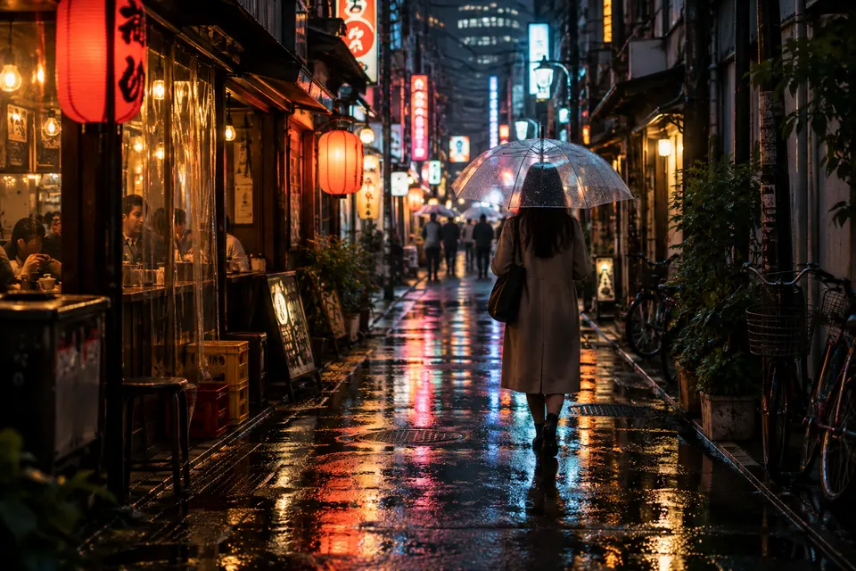 A neon-lit Tokyo alley after rain with a figure under a clear umbrella