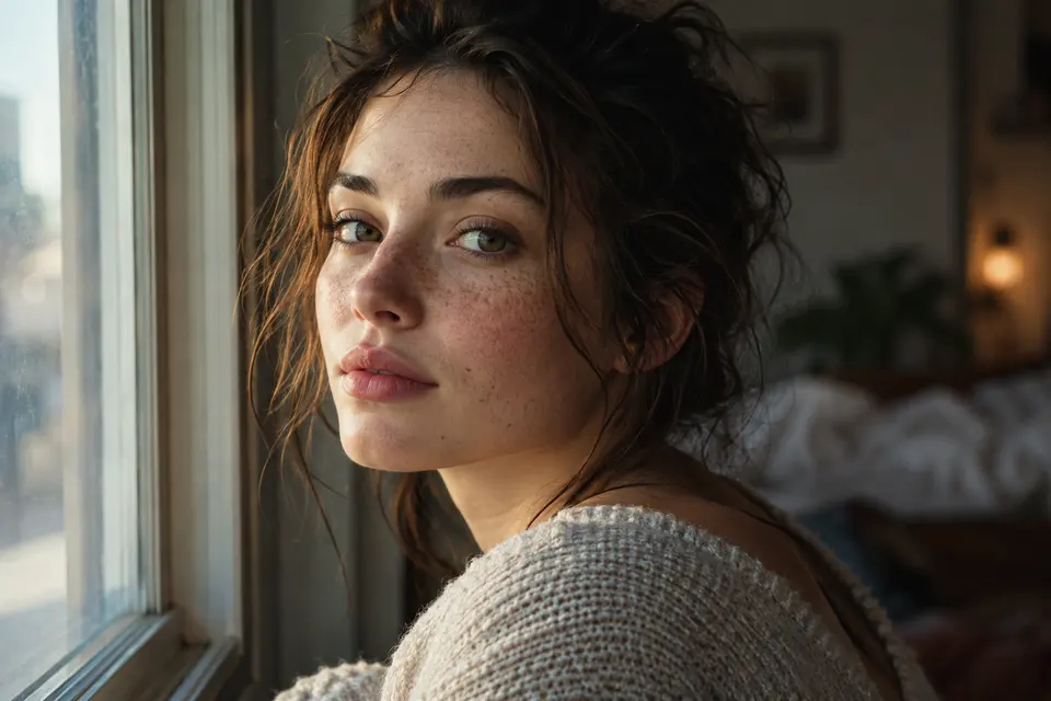 Portrait of a young woman lit softly by a window