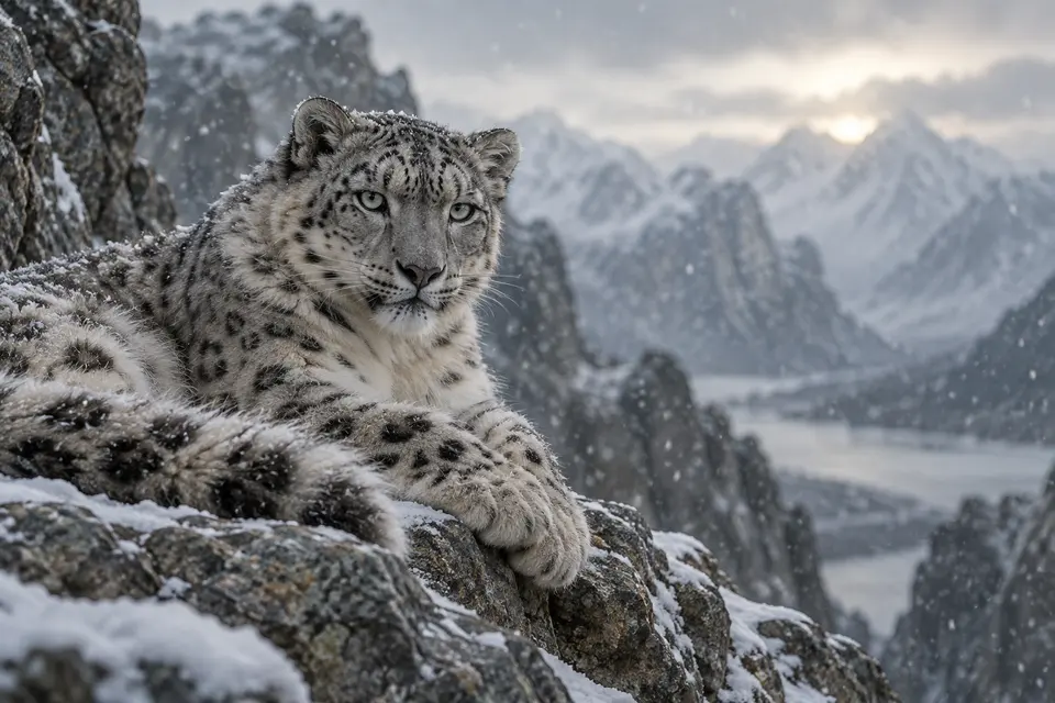 A snow leopard resting on a rock ledge in light snow