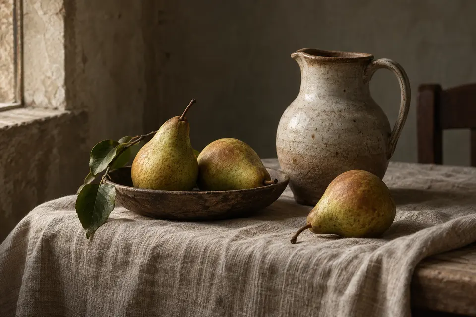 Still life of pears and a ceramic jug on linen