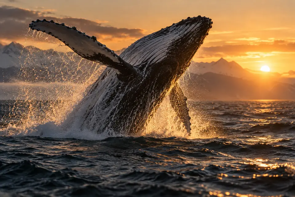 A humpback whale breaching at dawn with golden spray