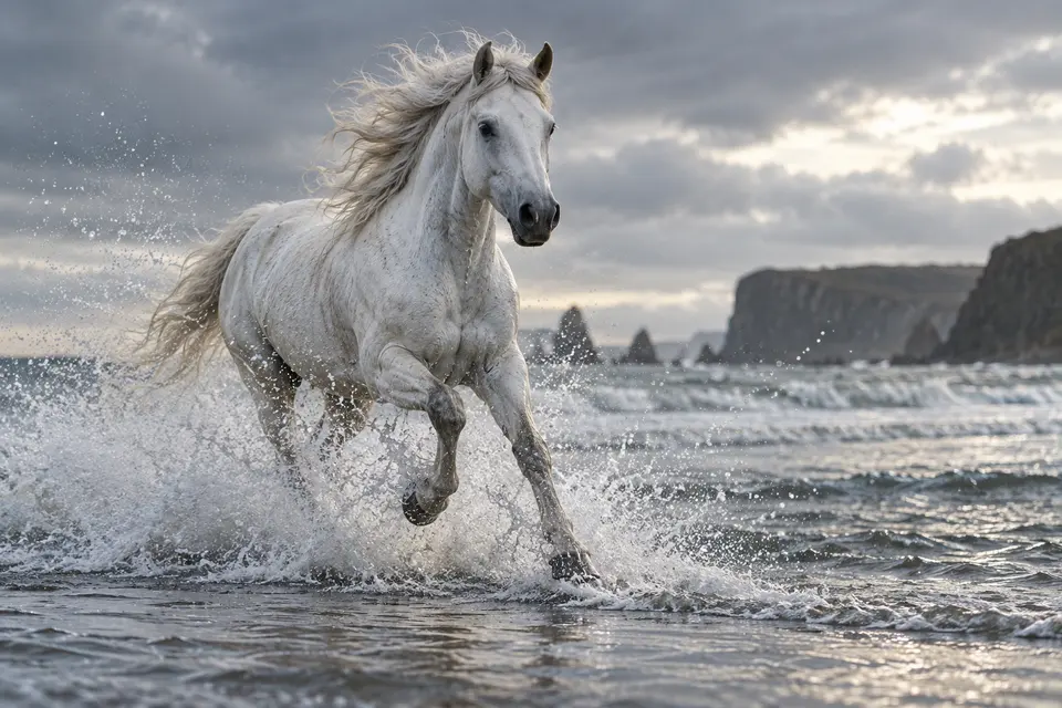 A white horse galloping through shallow water on a beach